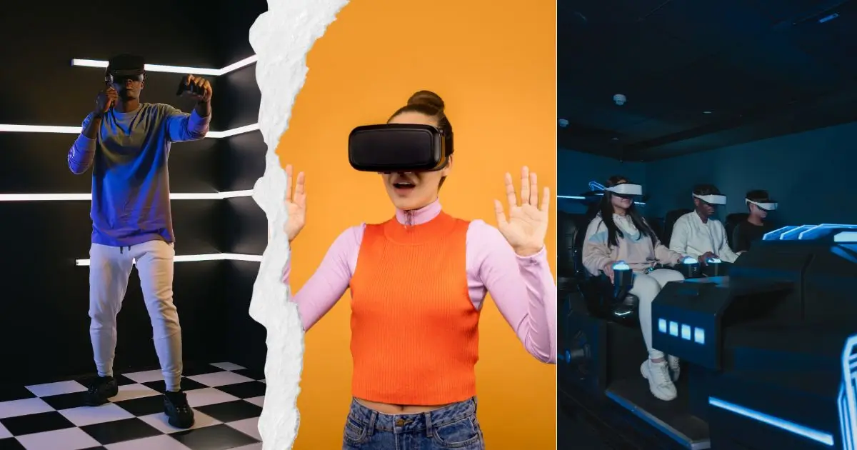 How Does Virtual Reality Work? A group of people experiencing a virtual reality gaming environment.