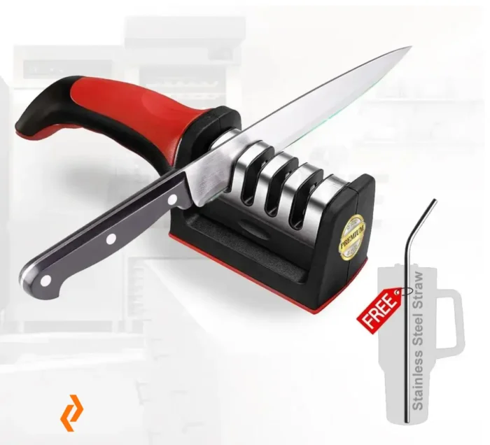 Kitchen Knife Sharpener with Free Stainless Steel Straw 3-Stage Sharpening Tool 1 Biswayads.com