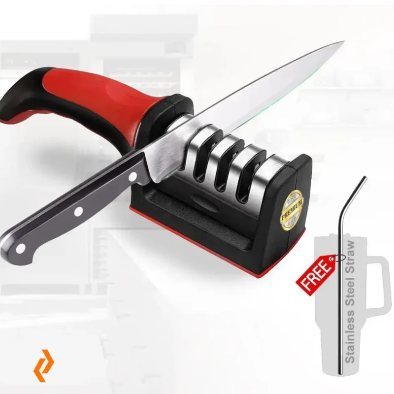 Kitchen Knife Sharpener with Free Stainless Steel Straw 3-Stage Sharpening Tool 1 Biswayads.com