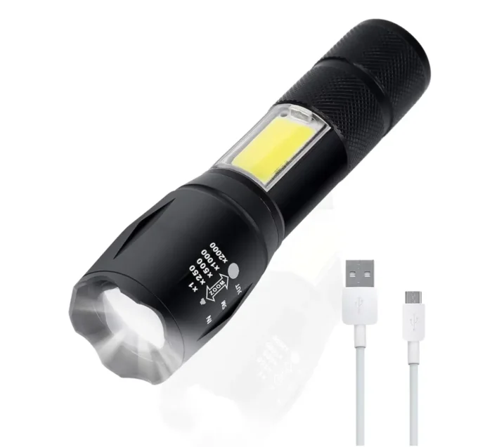 3-in-1 25W Rechargeable Metal Torch Mini Small Flashlight with Zoomable Torch, Shower Light, and Laser Light4