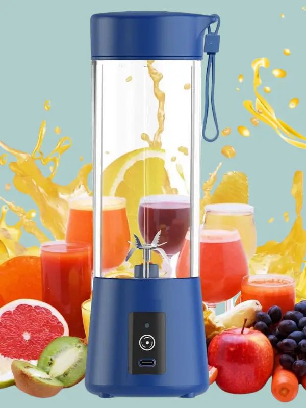 Dark blue PixelPush portable USB juicer blender with fruits
