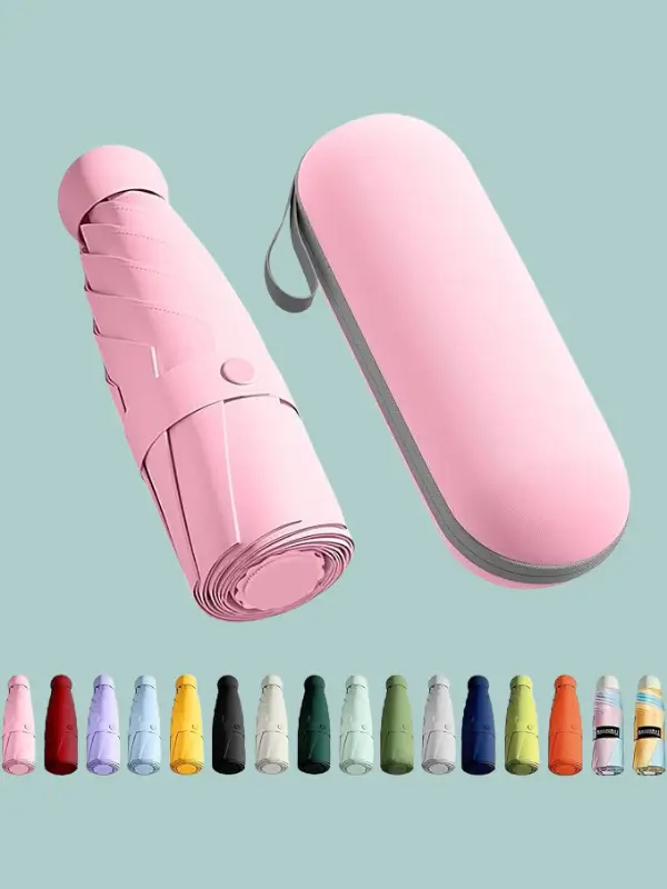 Folded pink mini umbrella with matching pink hard case