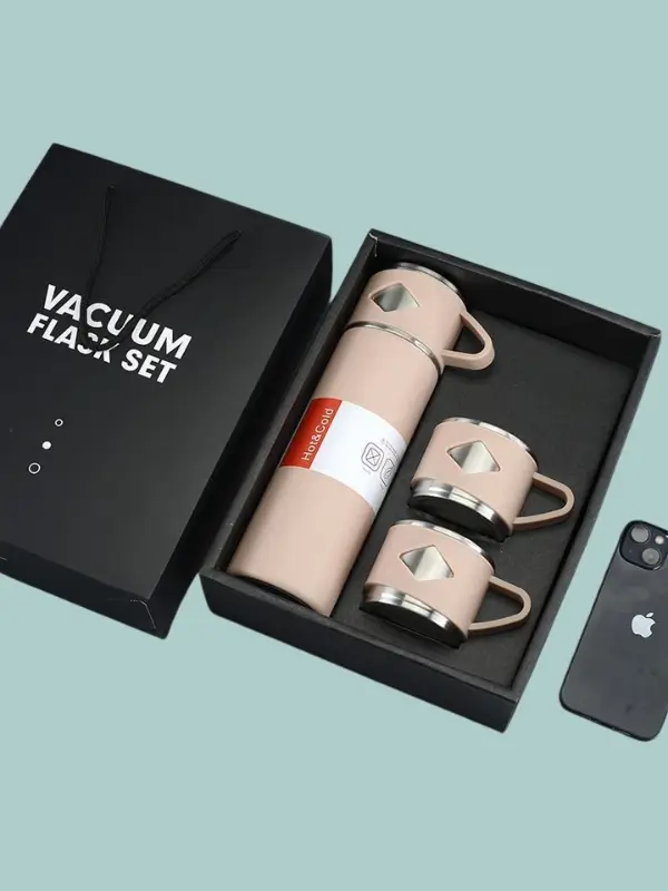 Goldshyne 500ml vacuum insulated flask with two steel cups in gift box – peach color