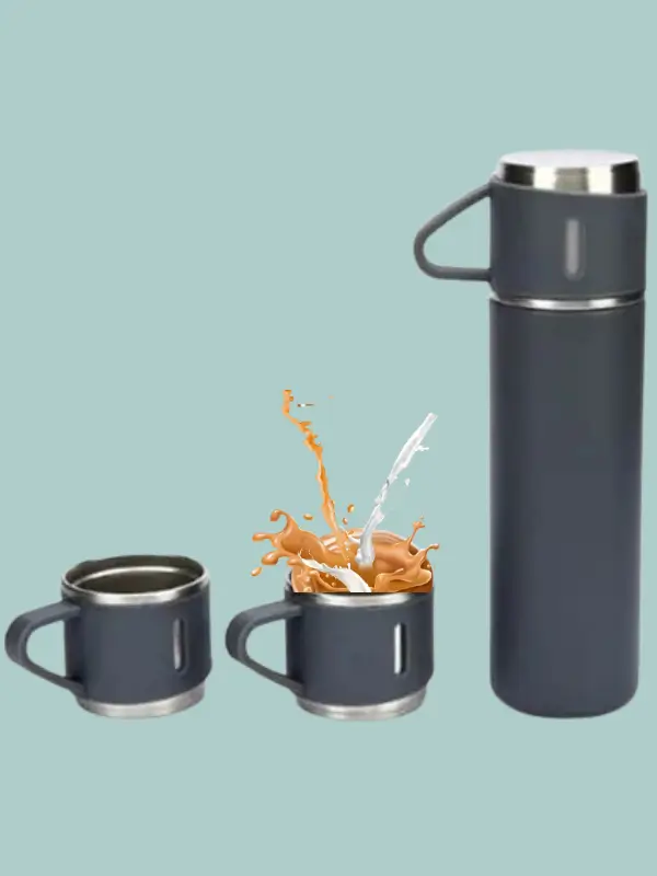 Goldshyne vacuum flask set placed in car cup holder, ideal for travel