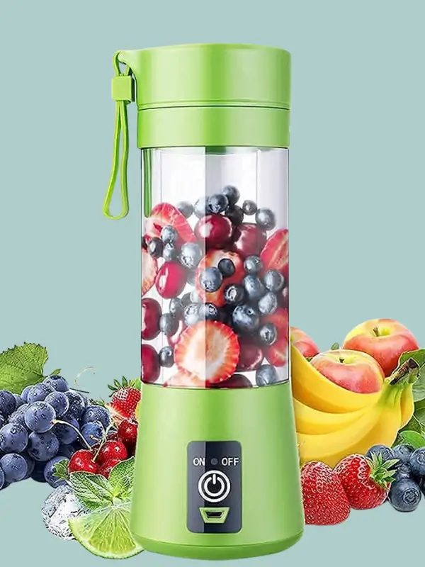 Green PixelPush portable USB juicer blender with citrus fruits