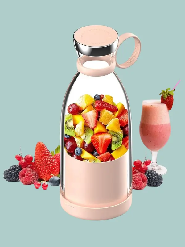 Mini blender placed on a travel bag for on-the-go use
