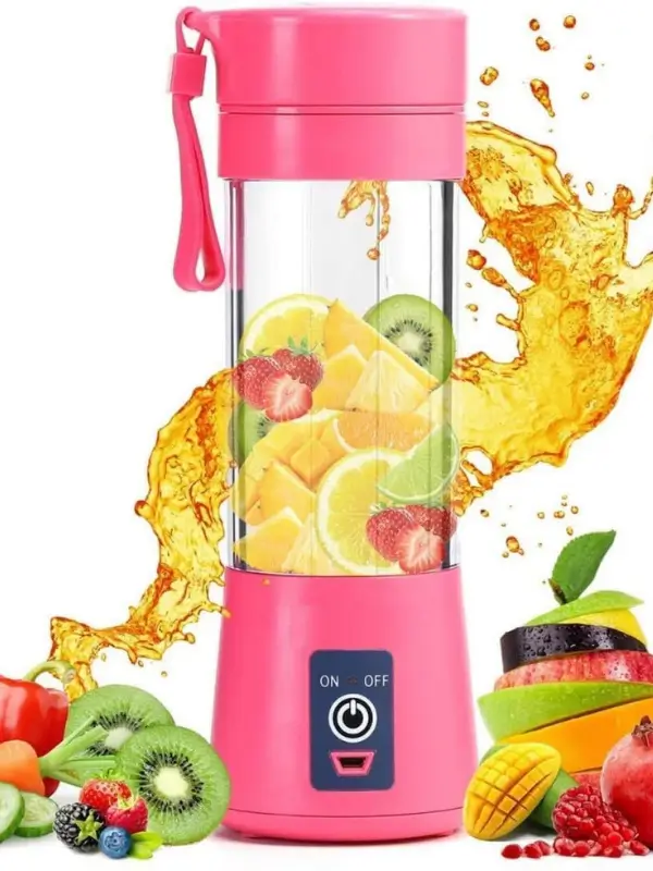 Pink PixelPush portable USB juicer blender with fresh fruit