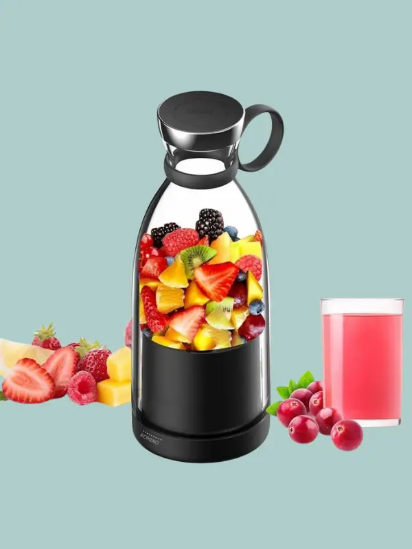 PixelPush Black Portable USB Blender with fresh fruits inside