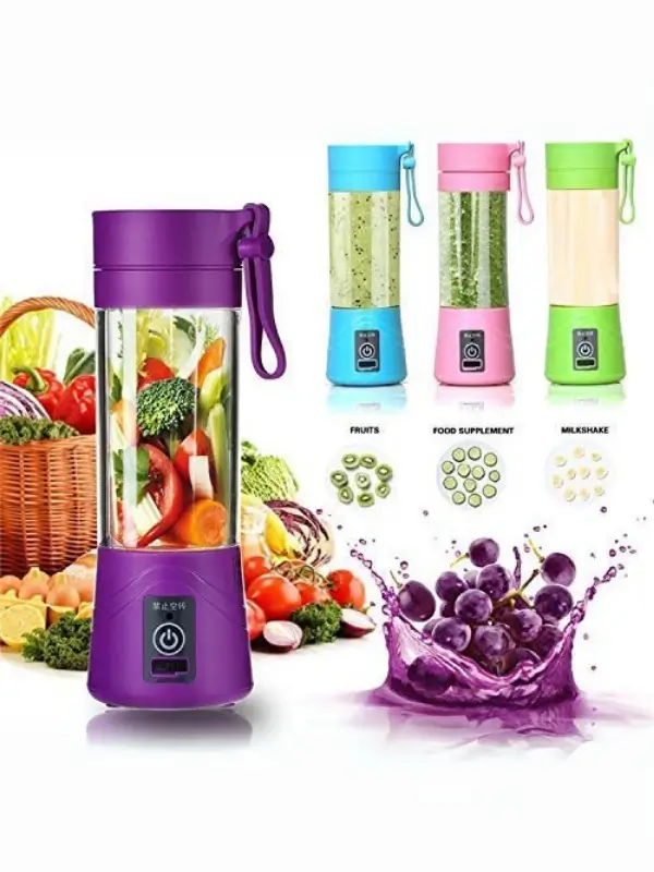 Rechargeable purple blender with broccoli, tomato, and carrot