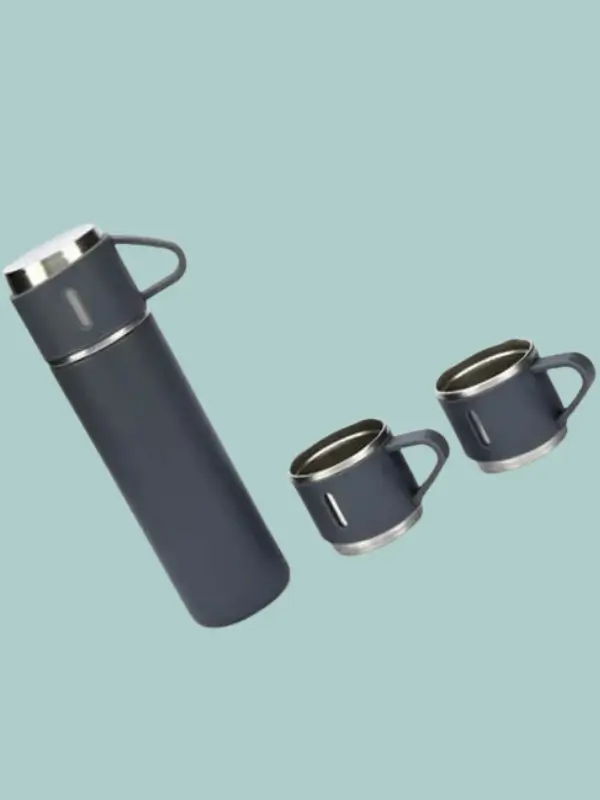 Side view of Goldshyne 500ml vacuum flask with two matching cups and carry case