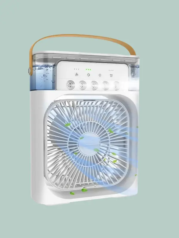 Sleek white tabletop air cooler with mist spray feature
