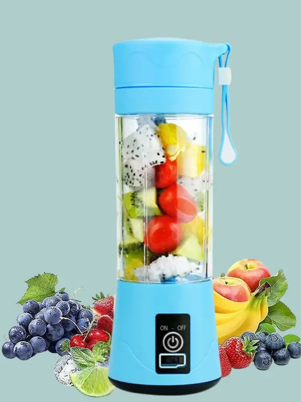 USB-powered mini blender in blue color with fruits and splash