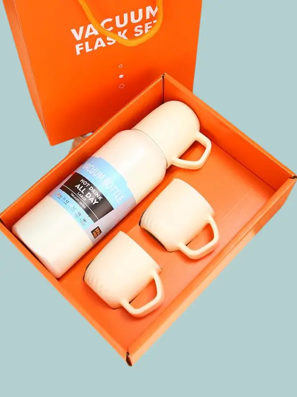 Goldshyne 3-in-1 white vacuum flask gift set with orange box