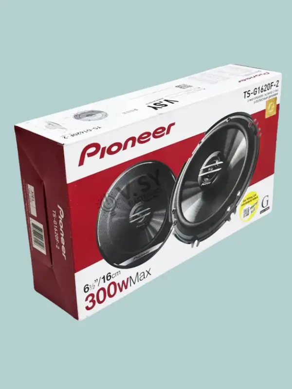 Imported Pioneer TS-G1620F-2 6.5-inch car speakers with 300W max power, shown in box with Limited Stock and Warranty notice