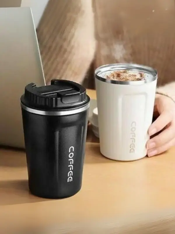 Stylish black stainless steel travel mug for hot and cold drinks
