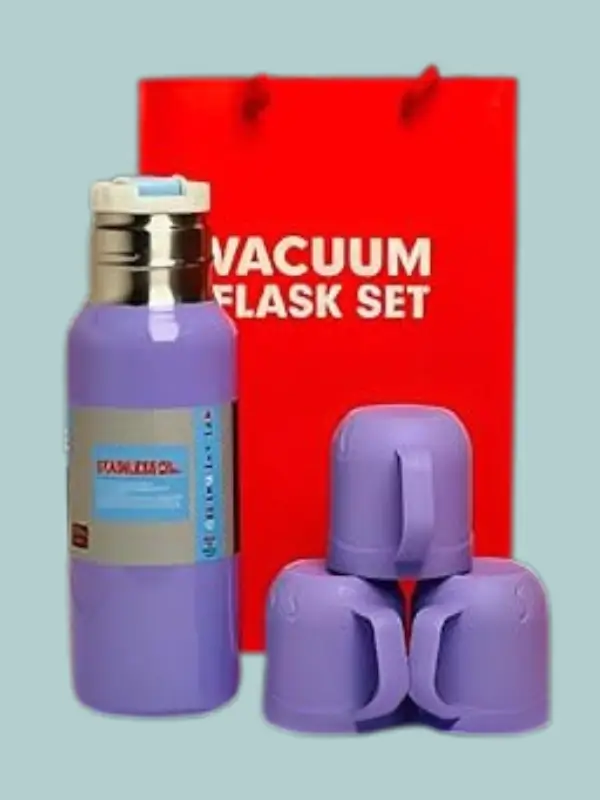 Travel-friendly lavender thermal bottle with multipurpose cups