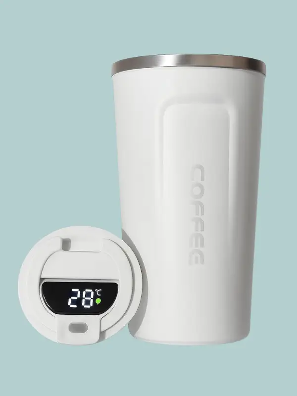 White thermal travel coffee mug with ergonomic design