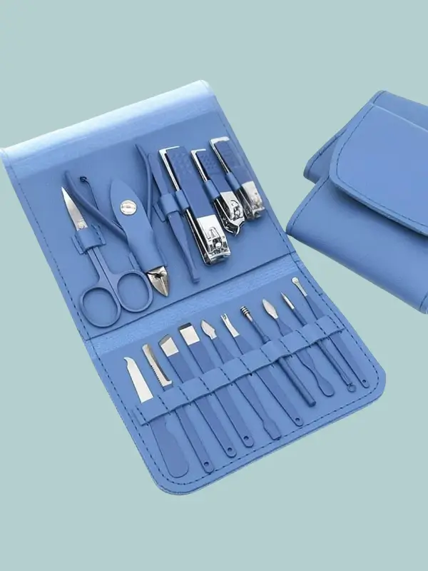 Professional LuxeEdge manicure pedicure grooming kit with stainless steel tools in blue case