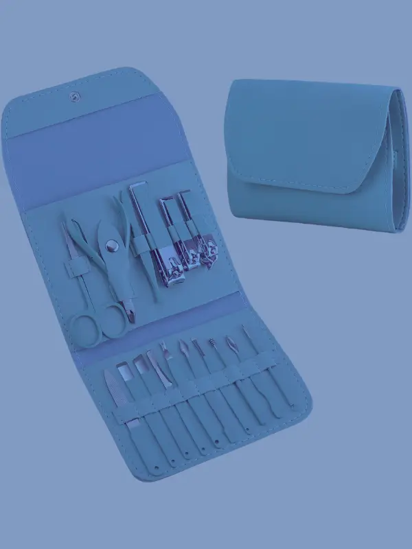 Professional manicure pedicure grooming kit by LuxeEdge with blue PU leather travel pouch