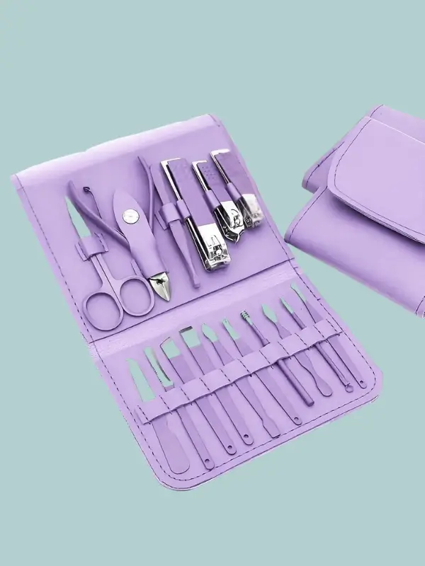LuxeEdge 16 in 1 manicure pedicure kit stainless steel grooming tools with purple case