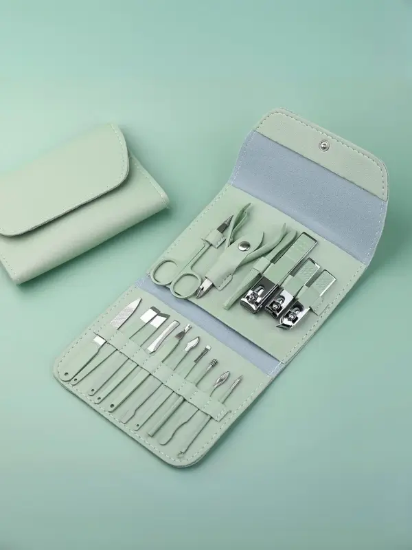 LuxeEdge 16 in 1 manicure pedicure kit stainless steel nail clippers set in mint green case