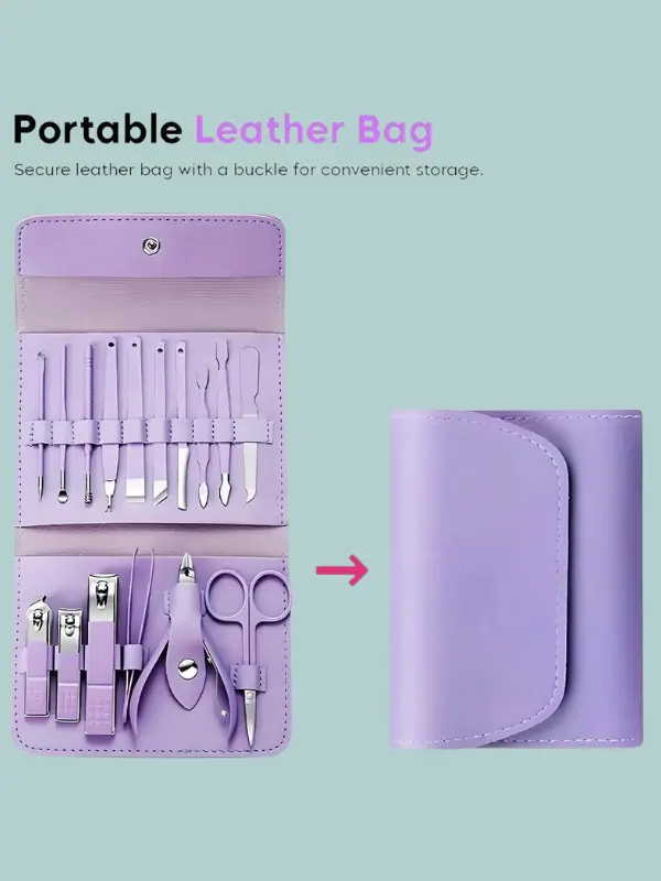 Purple LuxeEdge manicure pedicure kit with stainless steel nail clippers and tools