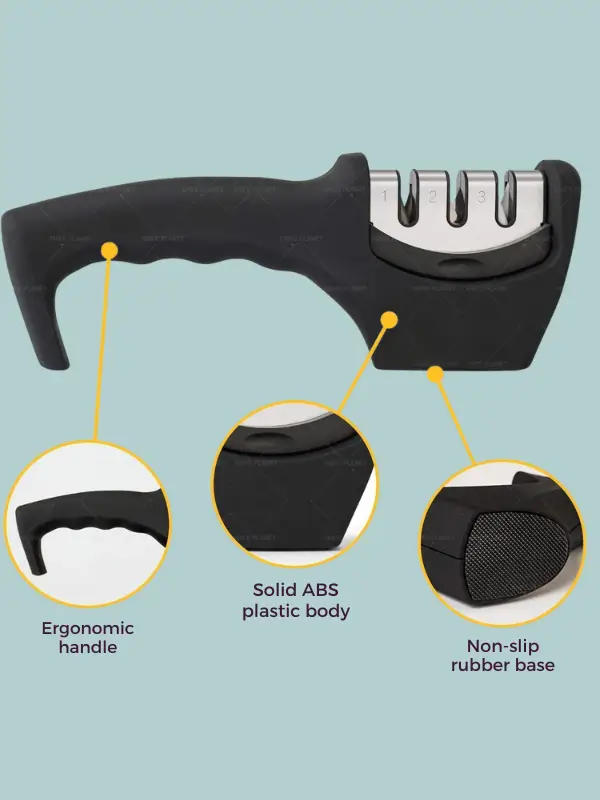Stainless steel manual kitchen knife sharpener with ergonomic handle for safe sharpening