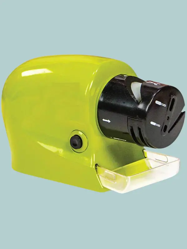 The Evox 4-in-1 electric sharpener for knives, scissors, and tools, shown with its sleek, ergonomic design and non-slip base